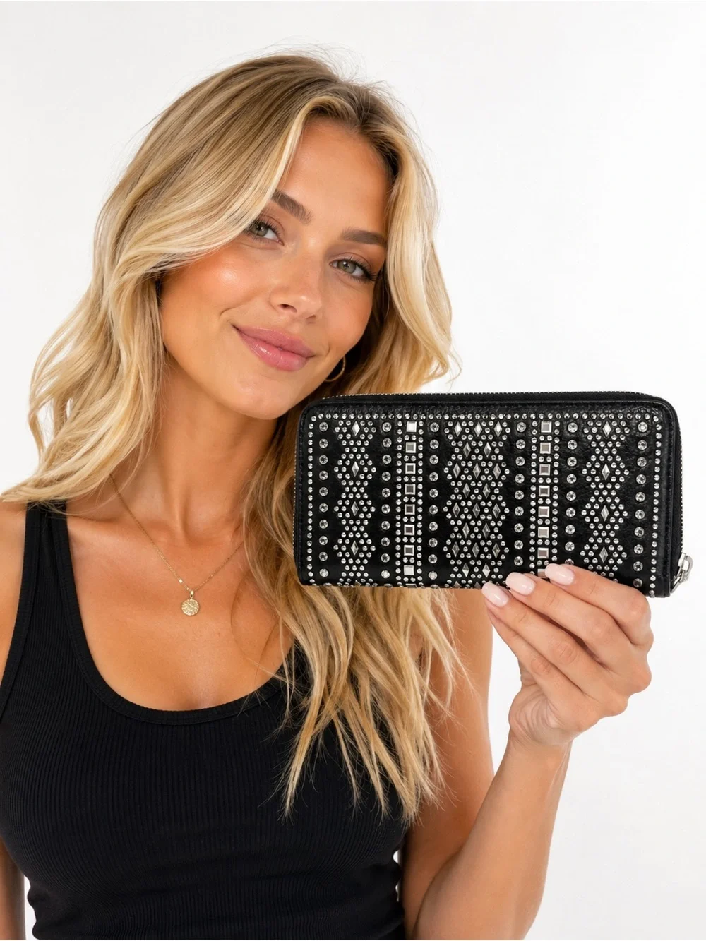 Black Rhinestone Studded Zip Around Wallet Western Boho Glam